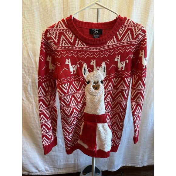 Holiday Ugly‎ Christmas Red Appliqué Llama Knit Sweater-Juniors -Sz Large - Picture 1 of 9
